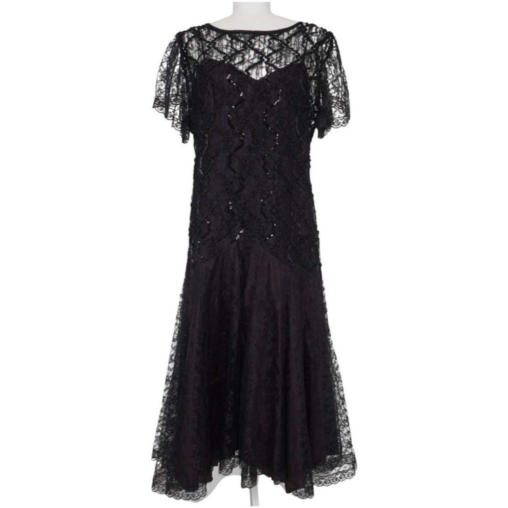Vintage Dress Goth Black Lace Drop Waist Sequins Prom 90s 80s Size 18